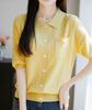 Cardigã de Verão Lar Cor Sólida Manga Curta Feminino Elegante Solto Emagrecedor Gola Polo Casual Tricotado Manga Média Camiseta Top