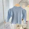 Camiseta básica de primavera y otoño para niñas, estilo coreano, con volantes y mangas abullonadas