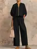 Conjunto de Calça Wide Leg Casual Solta Cor Sólida com Zíper e Gola Redonda Feminino Novo Europeu e Americano Transfronteiriço Verão 2026 para Mulheres