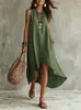 Vestido de linho estilo férias, casual, gola redonda, sem mangas, modelagem solta, comprimento médio para mulheres, site independente da Amazon transfronteiriço europeu e americano
