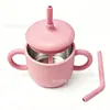 Taza de Snacks para Niños de Acero Inoxidable, Asa Portátil, Taza con Pajilla de Doble Oreja, Tapa Suave a Prueba de Polvo, Dibujo Animado Lindo para Bebé