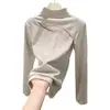 H563 Blusa Base Patchwork Vazada Outono/Inverno Novo Estilo Design Sutil para Mulheres, Gola Alta Meia, Recorte, Elegante Top de Manga Longa para Mulheres