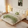 Cama de casal estofada macia com padrão xadrez de onda de pétalas estilo creme, removível e lavável, quarto principal de garota francesa, cama de casamento nuvem silenciosa