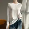 Camiseta interior básica de color liso, cuello redondo, fina, tejido Tencel, camiseta de manga larga para mujer, top holgado, blusa elegante