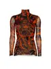 Top de malla floral retro popular transfronterizo europeo y americano para mujer, de cuello alto, manga larga, elástico, ajustado, transparente, camiseta base para superponer