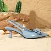 Sandalias de Verano de Nuevo Estilo Francés con Lazo y Punta Aguda Tacón de Aguja para Mujer con Una Correa Moda Casual