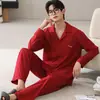 Pijama de algodón elástico de alta calidad y cómodo para hombre en stock, nuevo cárdigan de manga larga y pantalón largo para otoño, se puede usar para salir
