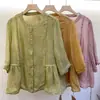 Top tipo camisa de color sólido, cuello alto, manga de tres cuartos, algodón y lino teñido en hilo, suave y juvenil, para mujer, cárdigan babydoll artístico de corte holgado para verano