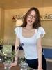 Camiseta Blanca de Puro Deseo con Cuello en U y Mangas Cortas para Mujer, Nuevo Estilo Verano 2025, Corte Ajustado, Ceñida a la Cintura, Color Sólido, Sexy, Favorecedora, Top Versátil