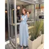 Vestido chaleco de Corea del Sur, chic, romántico, estilo francés, cuello de cisne, escote en V profundo, azul, cordón, bolsillo de encaje, para el día