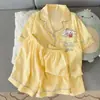 Pijama de Algodón Nube para Mujer, Verano Delgado Lindo Caricatura Japonesa Cuadros Manga Corta Pantalones Cortos Conjunto de Ropa de Casa para Estudiantes