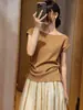 26 Nueva Camiseta de Verano Estilo Delgado Color Sólido Cuello de Una Línea Hombro Caído Asimétrico Manga Corta Camiseta Top Adelgazante Ceñido a la Cintura para Mujer Verano