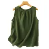Chaleco sin mangas de color liso de estilo artístico para mujer, top fino de algodón y lino de verano, holgado, adelgazante, blusa de algodón y lino