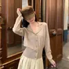 Foto real estilo miu cardigã de tricô de lapela de um botão feminino outono 2026 nova chegada jaqueta top acinturada slim-fit