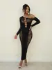 Amazon Europa América Encaje Jacquard Retro Transparente Estampado Floral Manga Larga Malla Vestido Tendencia Callejera Sexy Ajustado