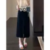 Acetato de peso pesado Simples vestido preto básico de alta qualidade Cintura alta saia midi justa com fenda Feminino Novo C0619B