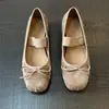 Versión de cuero suave~Zapatos de ballet planos para mujer con correa de lazo francesa y tacón grueso, zapatos Mary Jane para mujer con tacón medio