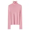 Suéter feminino de tricô sem costura para outono e inverno com gola alta, feito de lã pura de fio fino, de manga comprida, top base justo