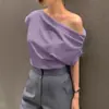 Chic Coreano2025 Verano Francés Hombro Asimétrico Diseño Holgado Color Sólido Suéter Camiseta de Manga Corta para Mujer Tendencia