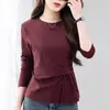 Camisa base de veludo canelado para mulheres, peça de outono de manga longa, T-shirt modeladora e versátil, top irregular estiloso que afina a cintura