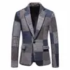 Traje Retro de Bloques de Color Europeos y Americanos para Hombre Amazon Tweed Espiga Patchwork Solapa Única Corte Ajustado Chaqueta de Traje Talla Europea