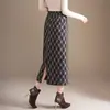 2025 Nova Saia de Outono de Cintura Alta com Fenda de Um Passo Moda Saia Longa Reta Xadrez Elegante Justa com Caimento