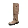 Botas largas de mujer color cuero, nuevo estilo otoño/invierno, punta redonda, con hebilla, de tacón alto, caña recta, hasta la rodilla