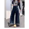 Jeans Retro Azules de Pierna Ancha para Mujer Ligeramente con Sobrepeso MM Talla Grande Sueltos de Cintura Alta Adelgazantes para Personas Bajas Elásticos Versátiles Pantalones de Pierna Recta