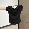 Camiseta corta de manga corta con hombros descubiertos estilo francés para mujer, diseño de verano, corte ajustado, corta, sexy, hombros descubiertos, top deslumbrante, material de algodón