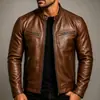 Chaqueta de Cuero con Cuello Alto Estilo Motociclista Europeo y Americano para Hombre Otoño/Invierno 2026, Chaqueta Corta de Cremallera Ajustada