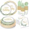 Set de Vajilla para Fiesta Temática de Hojas de Eucalipto Spot Plato de Papel con Hojas de Eucalipto Vaso de Papel Servilleta de Papel Banderín Mantelería