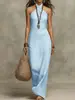 2026 Nuevo Transfronterizo Europeo y Americano Amazon Moda Femenina Ajustado Color Sólido Elegante Sin Mangas Cuello Halter Vestido Largo