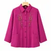 Camisa de manga longa de algodão puro para mulheres de meia-idade e idosas, roupa de outono, blusa plus size para mães e sogras, top casaco de outono bordado