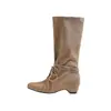 Botas retro de cuero genuino para mujer, que aumentan la altura, de punta fina, plisadas, apiladas, de caña alta hasta la rodilla, versátiles, con tacón grueso, adelgazantes, tipo equitación