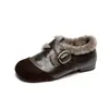Sapatos baixos retrô franceses de boca profunda para mulheres no inverno, quentes com veludo, sapatos de couro pequenos, sapatos Birkenstock