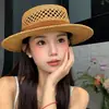 Sombrero de Paja Hueco Estilo Old Money para Mujer, Sombrero de Playa de Verano, Vacaciones en la Playa, Estilo Británico, Elegante, Sombrero de Copa Plana que Adelgaza el Rostro