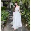 Vestido de Espalda Descubierta Estilo Francés Inspirado en Cumpleaños, Vestido Largo para Vacaciones en la Costa, Vestido Sexy de Tirantes de Encaje, Blanco y Azul