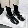 Botas Slimming Retrô Quadradas com Laço Elástico Patchwork Mary Jane Meia Botas Salto Grosso Plataforma Tornozeleiras Femininas 2026