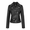 Chaqueta de cuero corta para mujer Haining de otoño e invierno con cuello de solapa, cremallera diagonal, cinturón en la cintura, corte ajustado, abrigo negro