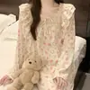 Pijama Dulce de Primavera y Otoño Conejito de Dibujos Animados Tul Tulipán Cuello Cuadrado Manga Larga Pantalón Largo Holgado Conjunto de Dos Piezas para Niña Casa