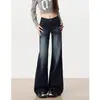 Calça jeans boca de sino de cintura baixa para mulheres, tendência outono 2026, nova, corte justo, comprimento total, azul escuro