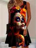 Vestido sin mangas con estampado de rosas y murciélagos de Halloween, estilo tinta oscura, minivestido tipo tank top de corte A holgado con cuello redondo