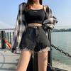 Shorts de mezclilla de cintura alta para mujer 2021 verano nuevos holgados estilo coreano corte slim celebridad de internet corte A rotos pierna ancha pantalones cortos calientes