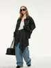 Jaqueta Feminina de Couro PU Outono 2026 Casaco Preto Corte Solto Gola Reversível Zíper Costura Jaqueta Casual de Manga Longa Top