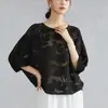 Top Minimalista de Seda de Morera 100% Jacquard Estilo Nacional Translúcido Difuminado con Mangas Murciélago de Media Manga para Mujer Verano