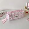 Estuche para lápices rosa con lazo de corazón para niña, estilo coreano, de alto valor, bolsa de almacenamiento de acabado, bolsa de papelería portátil para estudiante, estuche para lápices