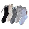 Calcetines con lazo de cinta de encaje para mujer, calcetines dulces de encaje hasta la mitad de la pantorrilla, calcetines de malla con lunares y volantes de gato de dibujos animados japoneses, calcetines jk