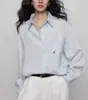 Camisa feminina de linho 100% para outono com bordado, estilo old money, para usar em camadas, relaxada, de alta qualidade, top casual