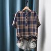 Verano Nuevo Estilo Japonés Suelto Talla Grande Top para Mujer Retro Artístico Cuello Alto Gasa de Algodón de Doble Capa Manga Corta Camisa a Cuadros