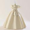 Novo Vestido Infantil Transfronteiriço Meninas Manga Bolha de Cetim Contas Laço Longo Vestido Princesa Performance de Aniversário
